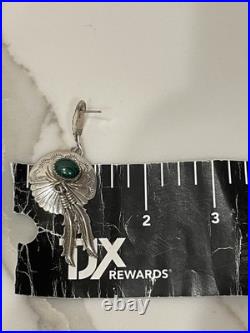 Vintage Navajo Sterling Silver Natural Malachite Feather Concho Dangle Earrings