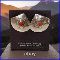 Vintage Navajo Sterling Silver Natural Red Coral Stamped Concho Earrings Signed