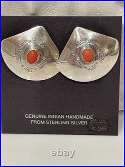 Vintage Navajo Sterling Silver Natural Red Coral Stamped Concho Earrings Signed
