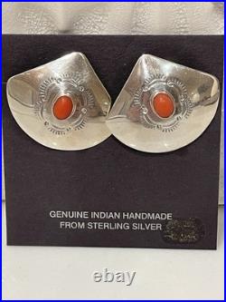 Vintage Navajo Sterling Silver Natural Red Coral Stamped Concho Earrings Signed