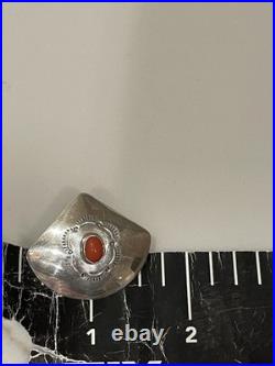 Vintage Navajo Sterling Silver Natural Red Coral Stamped Concho Earrings Signed