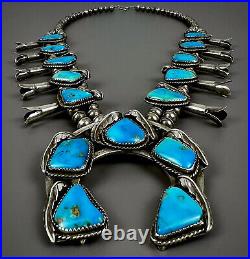 Vintage Navajo Sterling Silver Persian Turquoise Squash Blossom Necklace