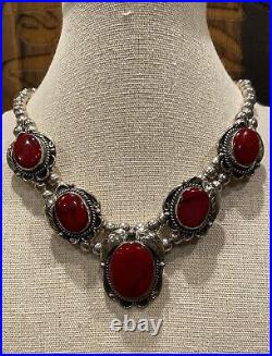 Vintage Navajo Sterling Silver Red Jasper Squash Blossom Necklace