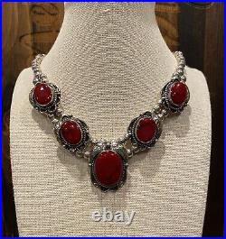 Vintage Navajo Sterling Silver Red Jasper Squash Blossom Necklace