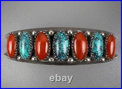 Vintage Navajo Sterling Silver Spiderweb Turquoise & Coral Cuff Bracelet NICE