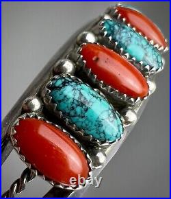 Vintage Navajo Sterling Silver Spiderweb Turquoise & Coral Cuff Bracelet NICE