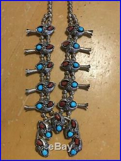Vintage Navajo Sterling Silver Squash Blossom Necklace Turquoise & Coral