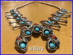 Vintage Navajo Sterling Silver Squash Blossom Necklace Turquoise & Coral