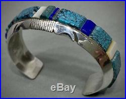 Vintage Navajo Sterling Silver Turquoise Cobblestone Inlay Cuff Bracelet