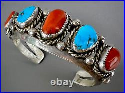 Vintage Navajo Sterling Silver Turquoise Coral Carinated Cuff Bracelet THICK