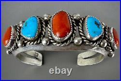 Vintage Navajo Sterling Silver Turquoise Coral Carinated Cuff Bracelet THICK