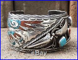 Vintage Navajo Sterling Silver Turquoise & Coral Chip Wide Inlay Cuff Bracelet P