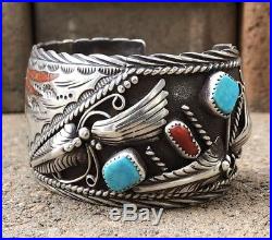 Vintage Navajo Sterling Silver Turquoise & Coral Chip Wide Inlay Cuff Bracelet P