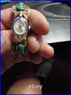 Vintage Navajo Sterling Silver Turquoise Coral Ladies Watch Cuff Bracelet 6.25