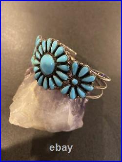 Vintage Navajo Sterling Silver Turquoise Flower Bracelet Signed T
