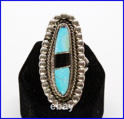 Vintage Navajo Sterling Silver Turquoise Onyx Inlay Handmade Ring Sz 6
