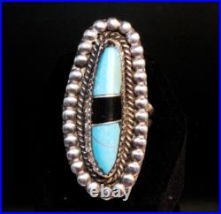 Vintage Navajo Sterling Silver Turquoise Onyx Inlay Handmade Ring Sz 6
