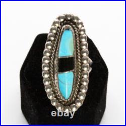 Vintage Navajo Sterling Silver Turquoise Onyx Inlay Handmade Ring Sz 6