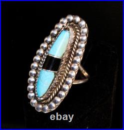 Vintage Navajo Sterling Silver Turquoise Onyx Inlay Handmade Ring Sz 6