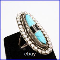 Vintage Navajo Sterling Silver Turquoise Onyx Inlay Handmade Ring Sz 6
