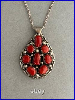Vintage Navajo Sterling Silver and Coral Pendant on Sterling Chain
