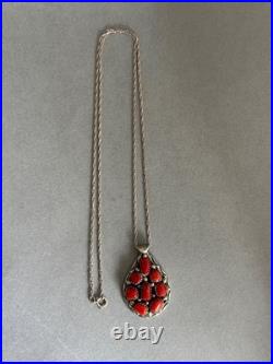 Vintage Navajo Sterling Silver and Coral Pendant on Sterling Chain