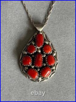 Vintage Navajo Sterling Silver and Coral Pendant on Sterling Chain