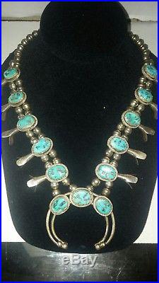 Vintage Navajo Sterling Silver and Turquoise Squash Blossom neckless