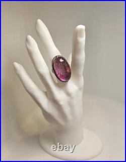 Vintage Navajo Style Signed Sterling Pink Oval Agate Ring Size 7.75 Statement