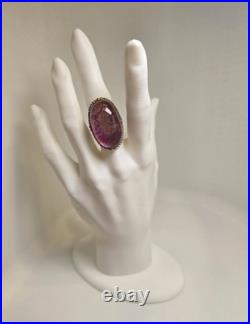 Vintage Navajo Style Signed Sterling Pink Oval Agate Ring Size 7.75 Statement