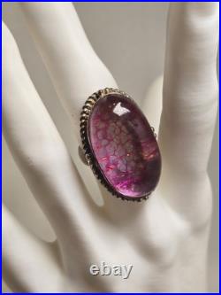 Vintage Navajo Style Signed Sterling Pink Oval Agate Ring Size 7.75 Statement