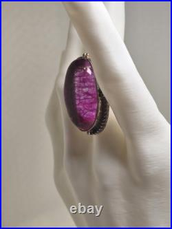 Vintage Navajo Style Signed Sterling Pink Oval Agate Ring Size 7.75 Statement