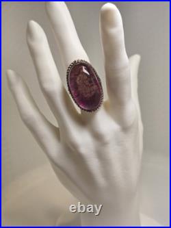 Vintage Navajo Style Signed Sterling Pink Oval Agate Ring Size 7.75 Statement