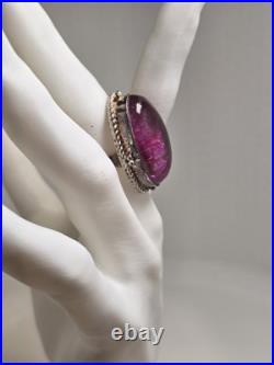 Vintage Navajo Style Signed Sterling Pink Oval Agate Ring Size 7.75 Statement