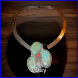 Vintage Navajo Turquoise Necklace Large 3 In. Artest Signed, Sterling Silver Vintage Navajo Turquoise Necklace Large 3 In. Artest Signed, Sterling Silver