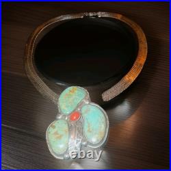 Vintage Navajo Turquoise Necklace Large 3 In. Artest Signed, Sterling Silver