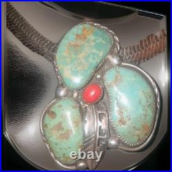 Vintage Navajo Turquoise Necklace Large 3 In. Artest Signed, Sterling Silver