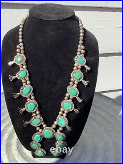 Vintage Navajo Turquoise Sterling Silver Squash Blossom Necklace