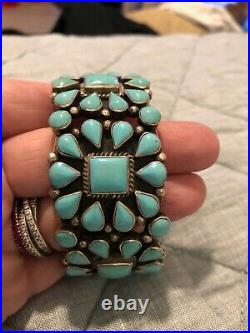 Vintage Navajo Turquoise TRIPLE Squash Blossom Sterling Silver Signed Bracelet