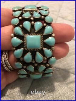 Vintage Navajo Turquoise TRIPLE Squash Blossom Sterling Silver Signed Bracelet