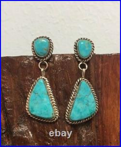 Vintage Navajo Two Stone Turquoise Rope Style Earrings Sterling925 Marked CJ