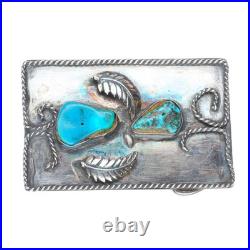 Vintage Navajo sterling silver turquoise belt buckle feather/twisted wire design