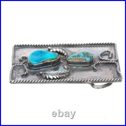 Vintage Navajo sterling silver turquoise belt buckle feather/twisted wire design