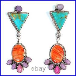 Vintage Nez Navajo Sterling Silver Orange, Turquoise and Purple Dangle Earrings