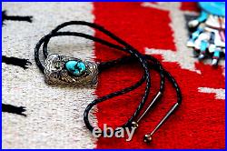 Vintage OLD PAWN TURQUOISE STERLING SILVER bolo flower Navajo Zuni Southwestern