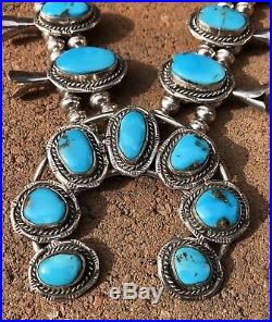 Vintage Old Navajo Sterling Silver Bisbee Turquoise Squash Blossom Necklace 24