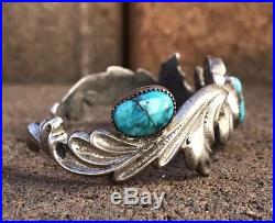 Vintage Old Navajo Sterling Silver Carico Lake Turquoise Sand Cast Cuff Bracelet