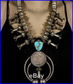 Vintage Old Pawn Navajo Handmade STERLING MERCURY Dime Squash Blossom Necklace