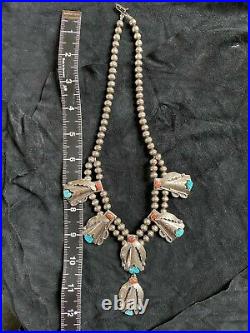 Vintage Old Pawn Navajo Silver coral and turquoise Squash Blossom Necklace