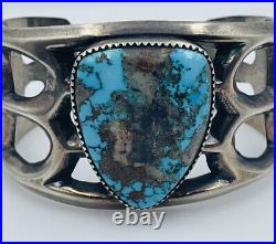 Vintage Old Pawn Navajo Sterling Silver Blue Turquoise Heavy Cuff Bracelet